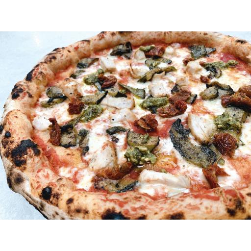 Genovese - San Marzano tomato sauce, fior di latte, chicken, courgettes, sun-dried tomato, green pesto