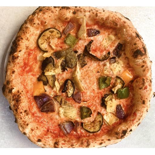 Ortolana - San Marzano tomato sauce, vegan cheese, artichokes, peppers, red onions, grilled courgettes, aubergine, oregano VE